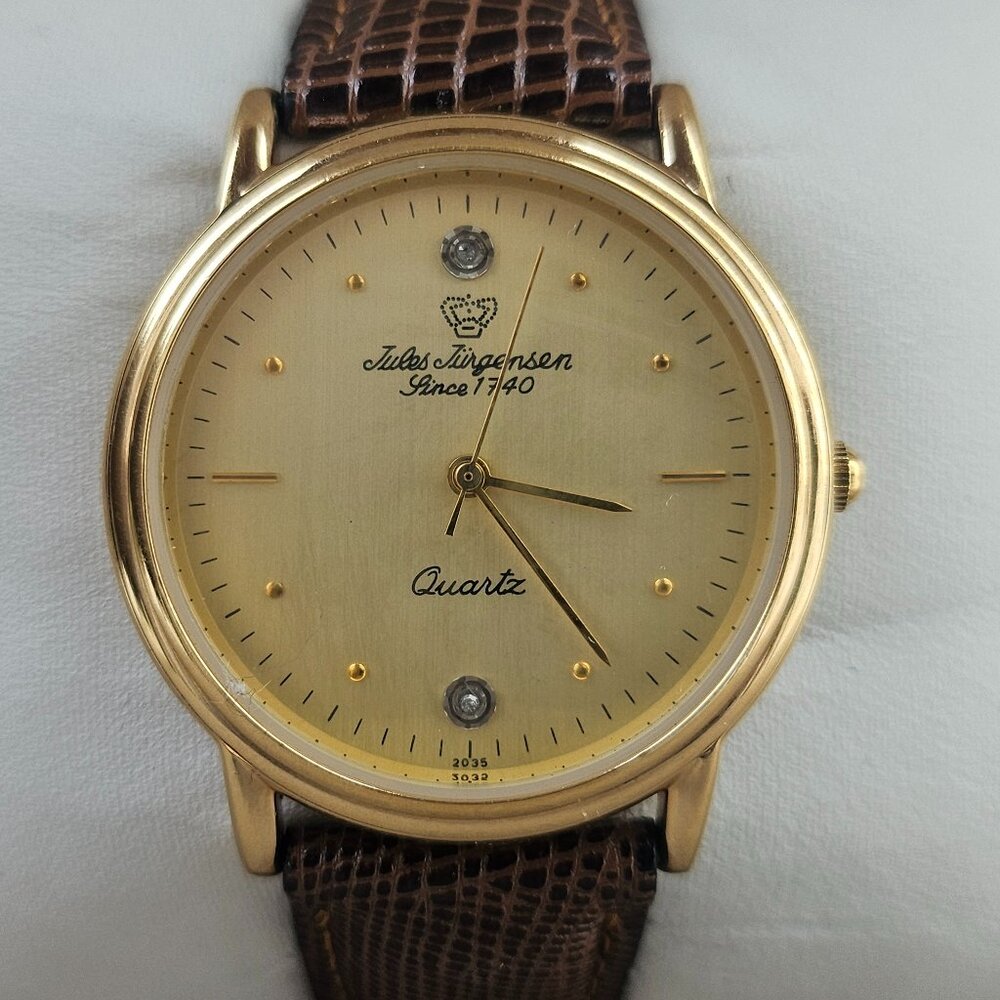 Vintage Jules Jurgensen Watch Gold Diamond Classic Brown Leather Analog Watch